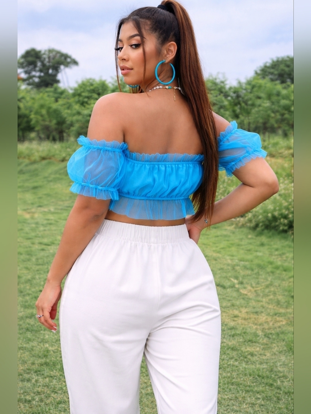 Blue Off Shoulder Mesh Frill Crop Top | Sheer Ruffle Sleeve Summer Party Top - Picture 2 of 2